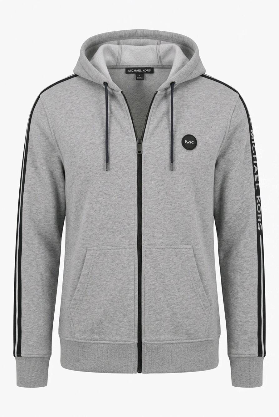 Michael Kors Mens XL Logo Tape Full Zip Hoodie Gray Fleece Track Jacket MK